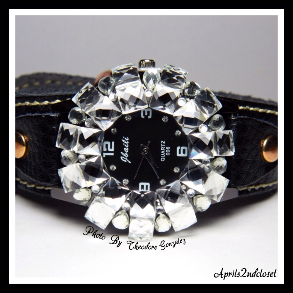 CZ GENUINE BLACK LEATHER GLAM BLING CRYSTAL WATCH